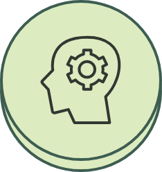 An icon with an outline of a head with gears inside to represent innovation